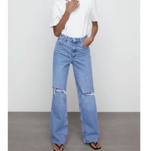 Zara Wide Leg Full length ripped jeans